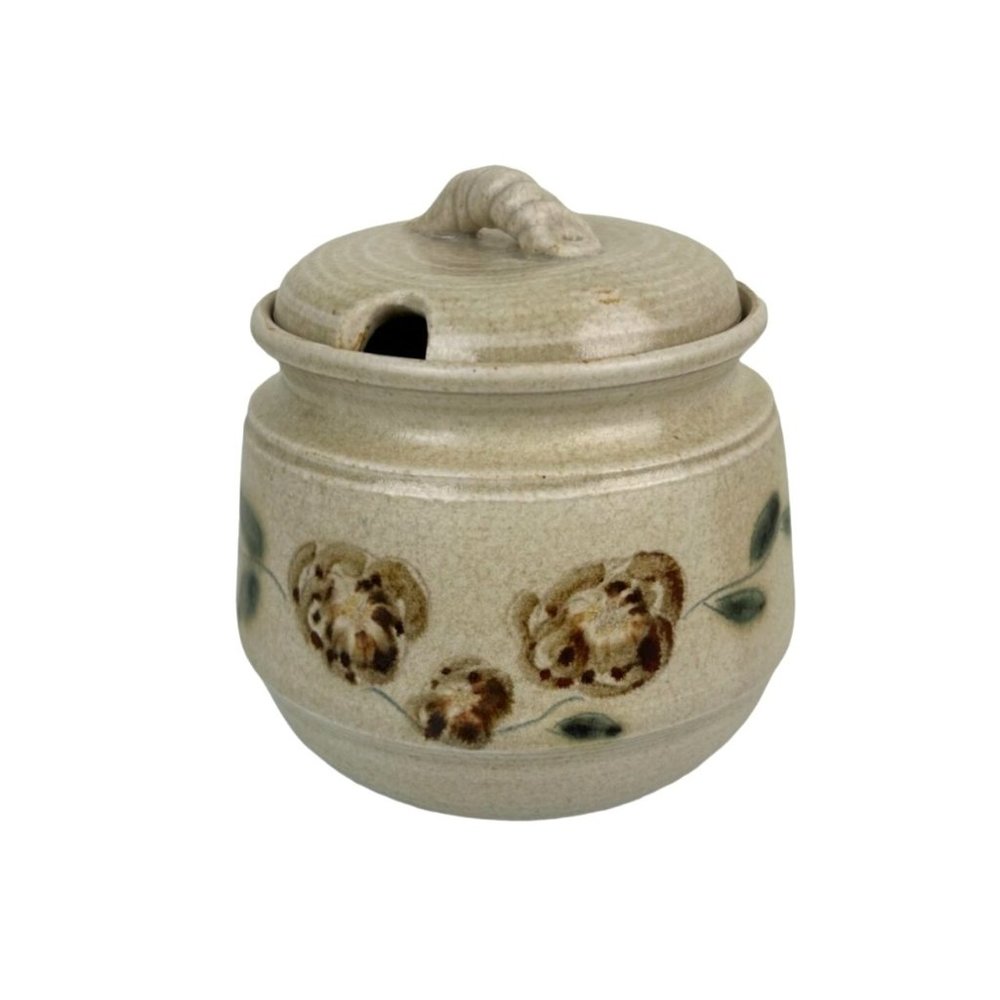 Vintage 1984 Kennedy Signed Stoneware Pottery Jar Lid Slot for Spoon Sugar Honey